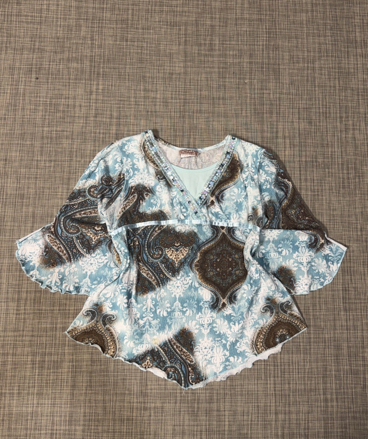 Vintage Y2K Top Blouse Boho Grunge Tie back Flared Sleeve Size XL