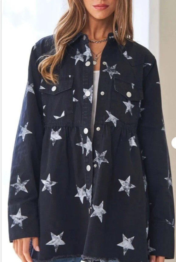 NWT Miss Sparkling White Star Print Black Shirt Jacket Shacket Silver Snaps XL