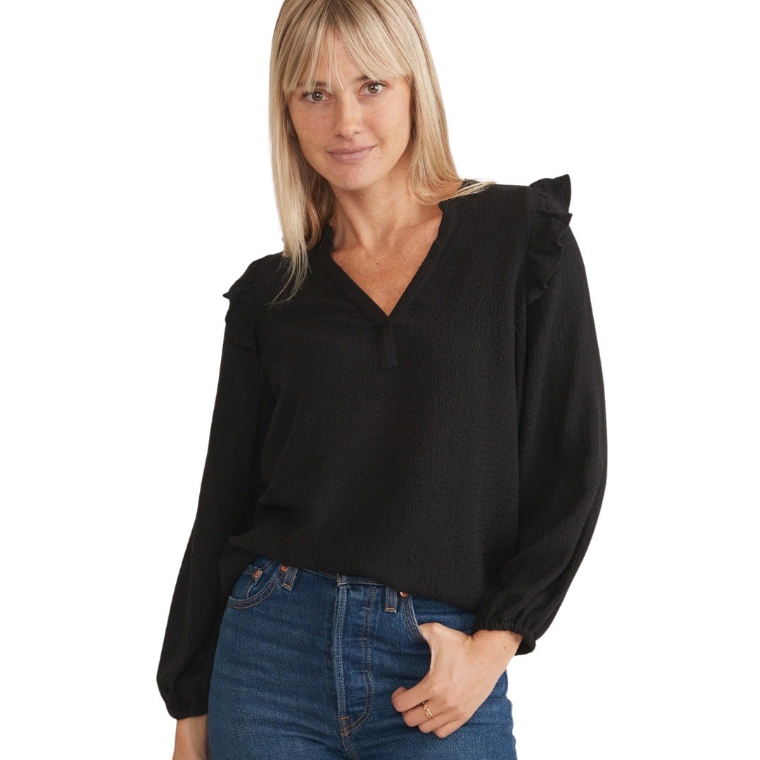 Marine Layer Top Womens Large Black Jamie Ruffle Long Sleeve Quiet Luxury Boho