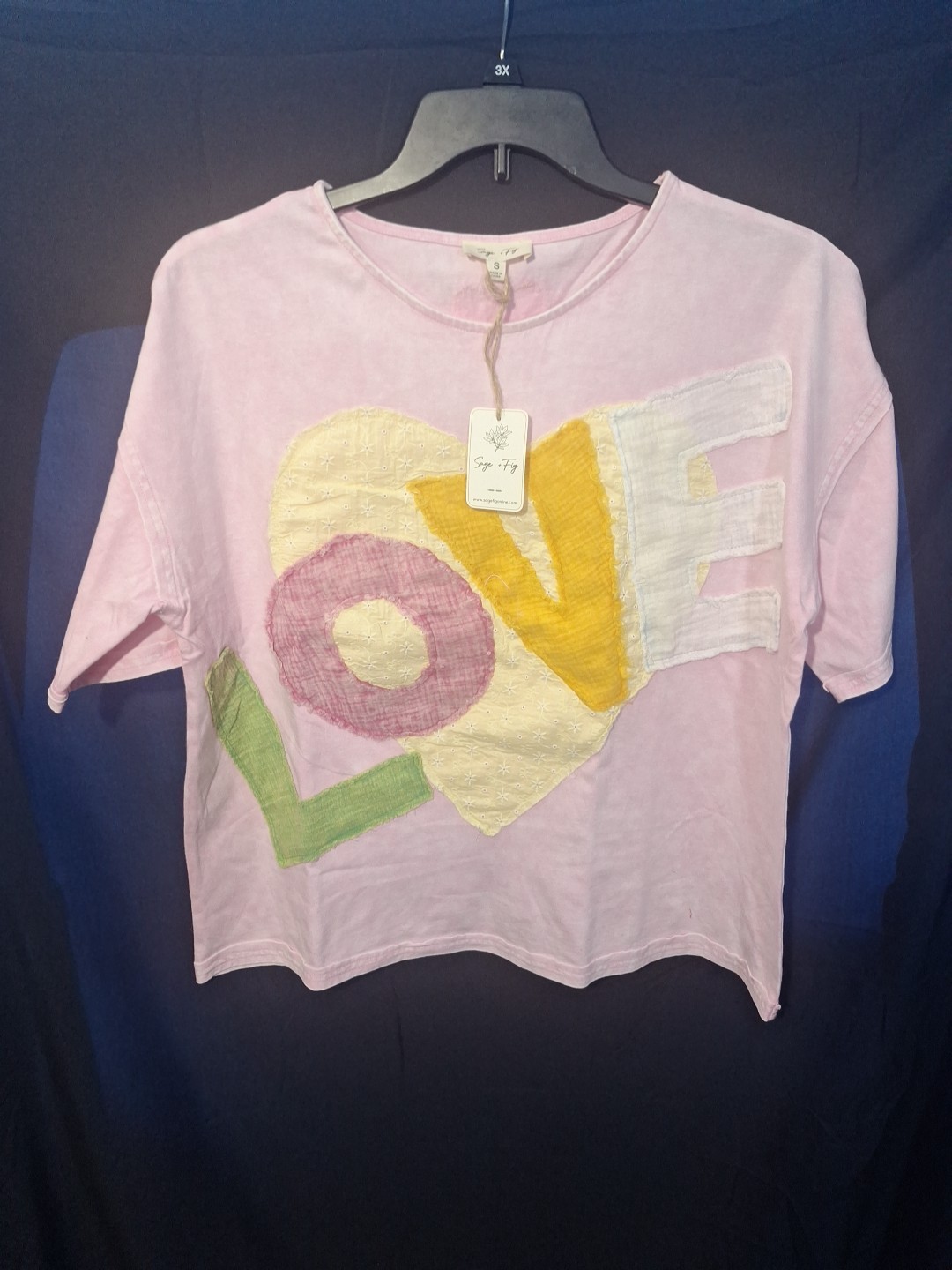 Sage + Fig Boho Patchwork Love T Shirt Small NWT