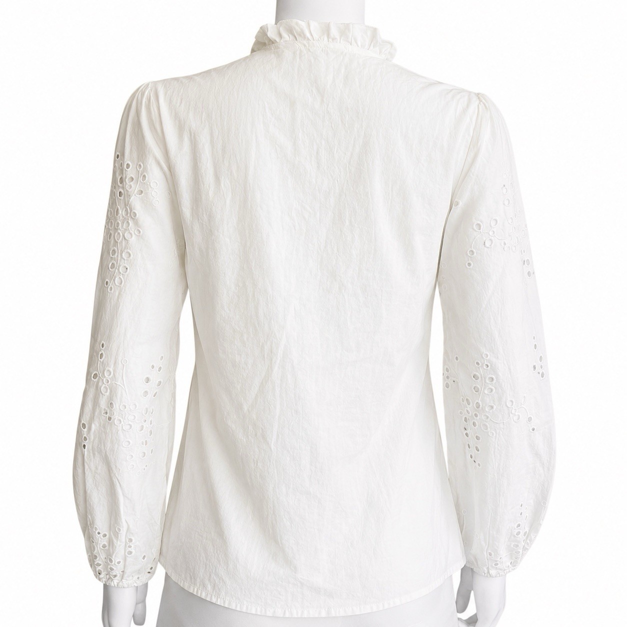 ADIVA White Eyelet Embroidered Cotton Button Up Blouse Ruffle Neck Small