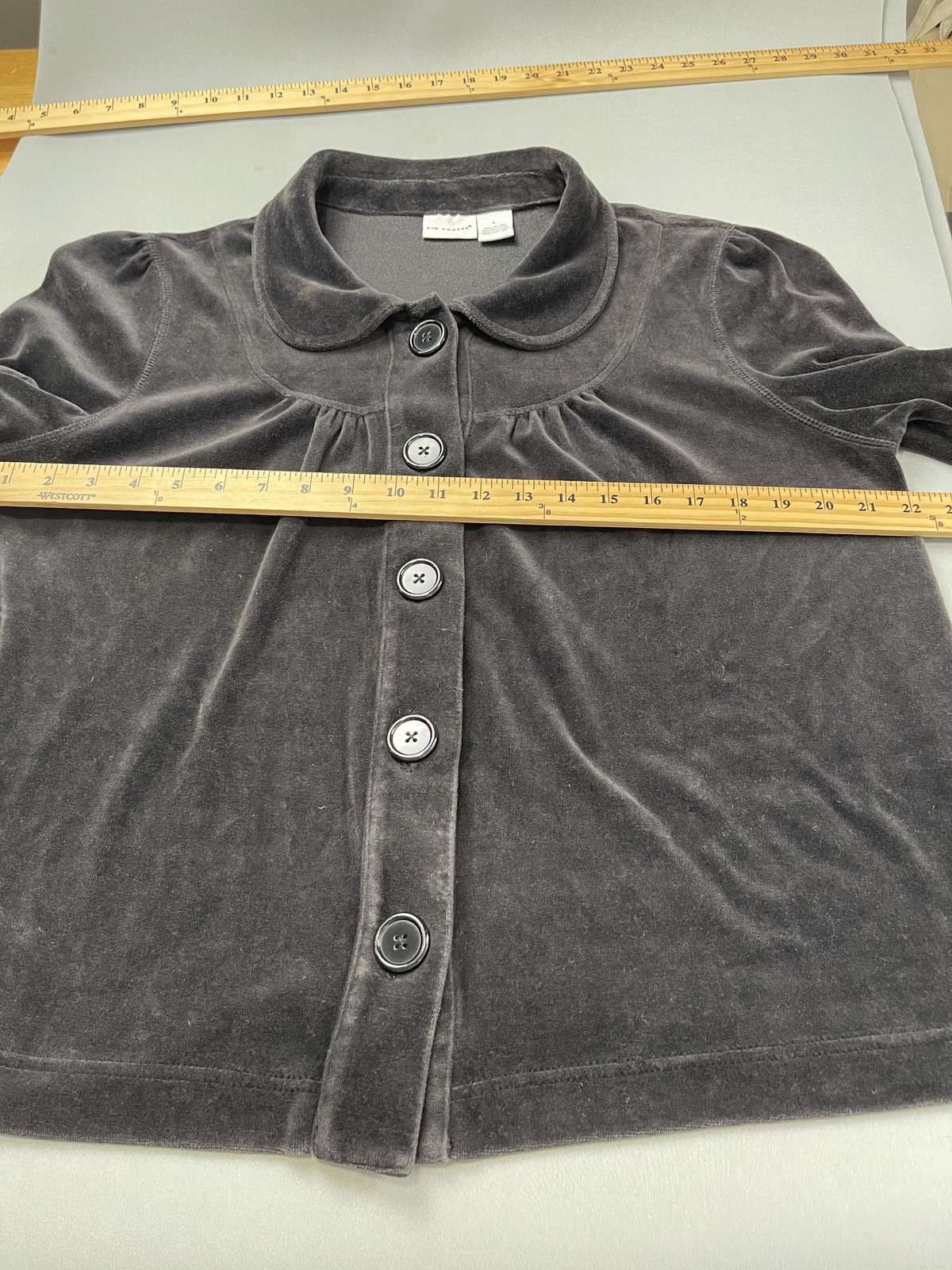 Kim Rogers Women Shirt Large Dark Gray Velour Button Front Collared Twee Cottage