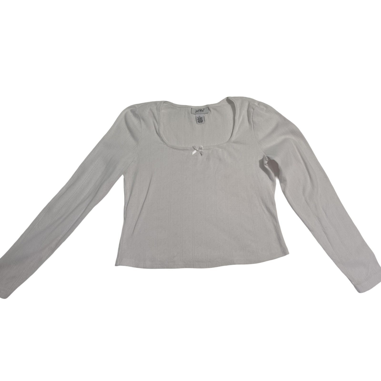 Just Polly White Pointelle Long Sleeve Top XL Coquette Cottagecore Bow Baby Tee