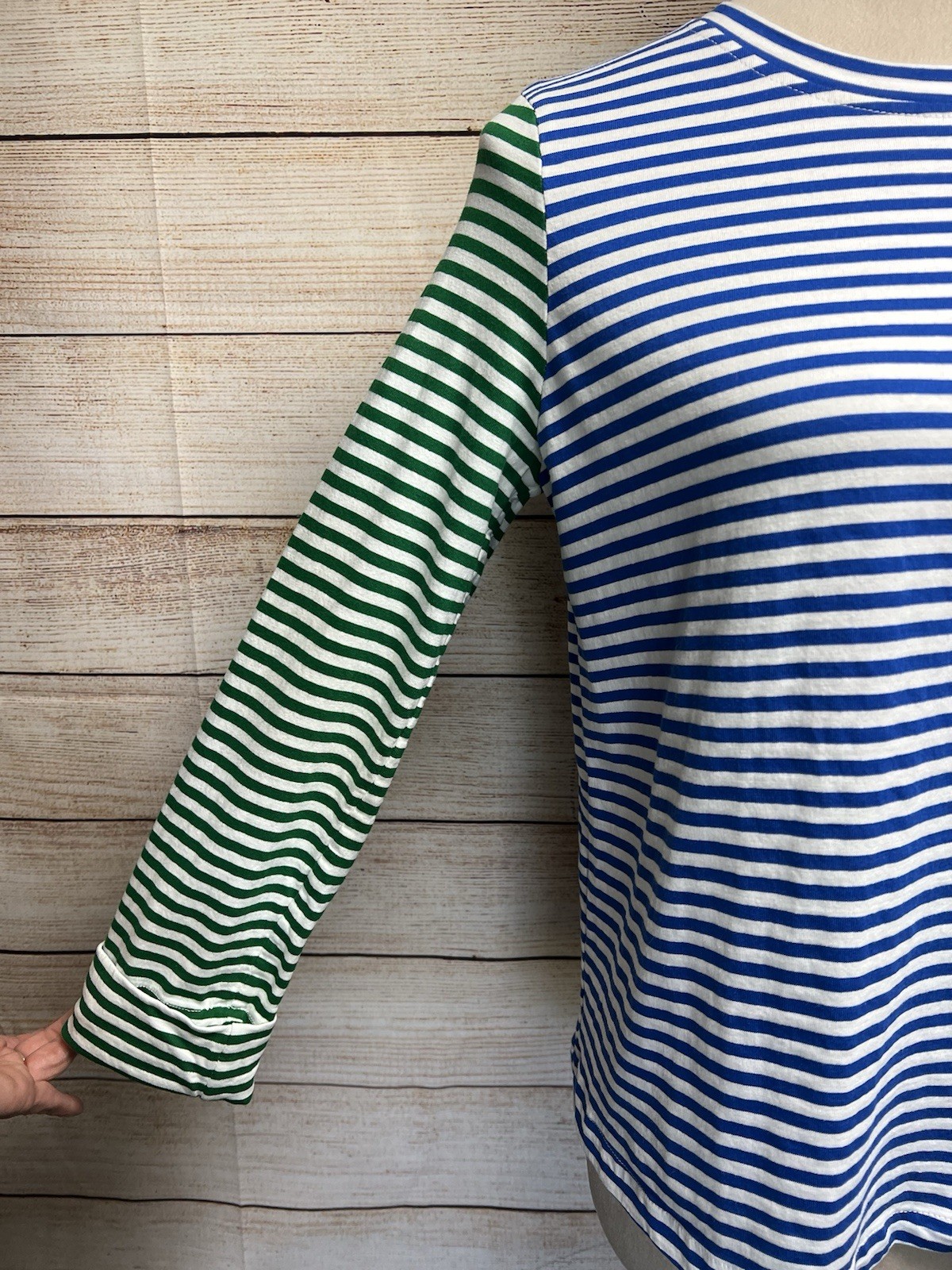 BURU Crew Neck Cotton Knit Tee T-Shirt M Contrast Stripes 3/4 Sleeve Blue Green