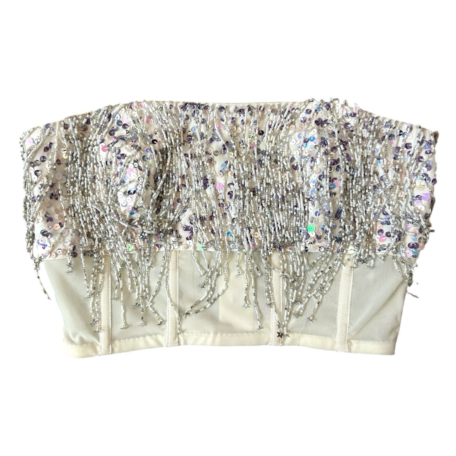 NBD Shreya Sequin Fringe Star Tube Top Strapless Corset Beaded White Sz XS