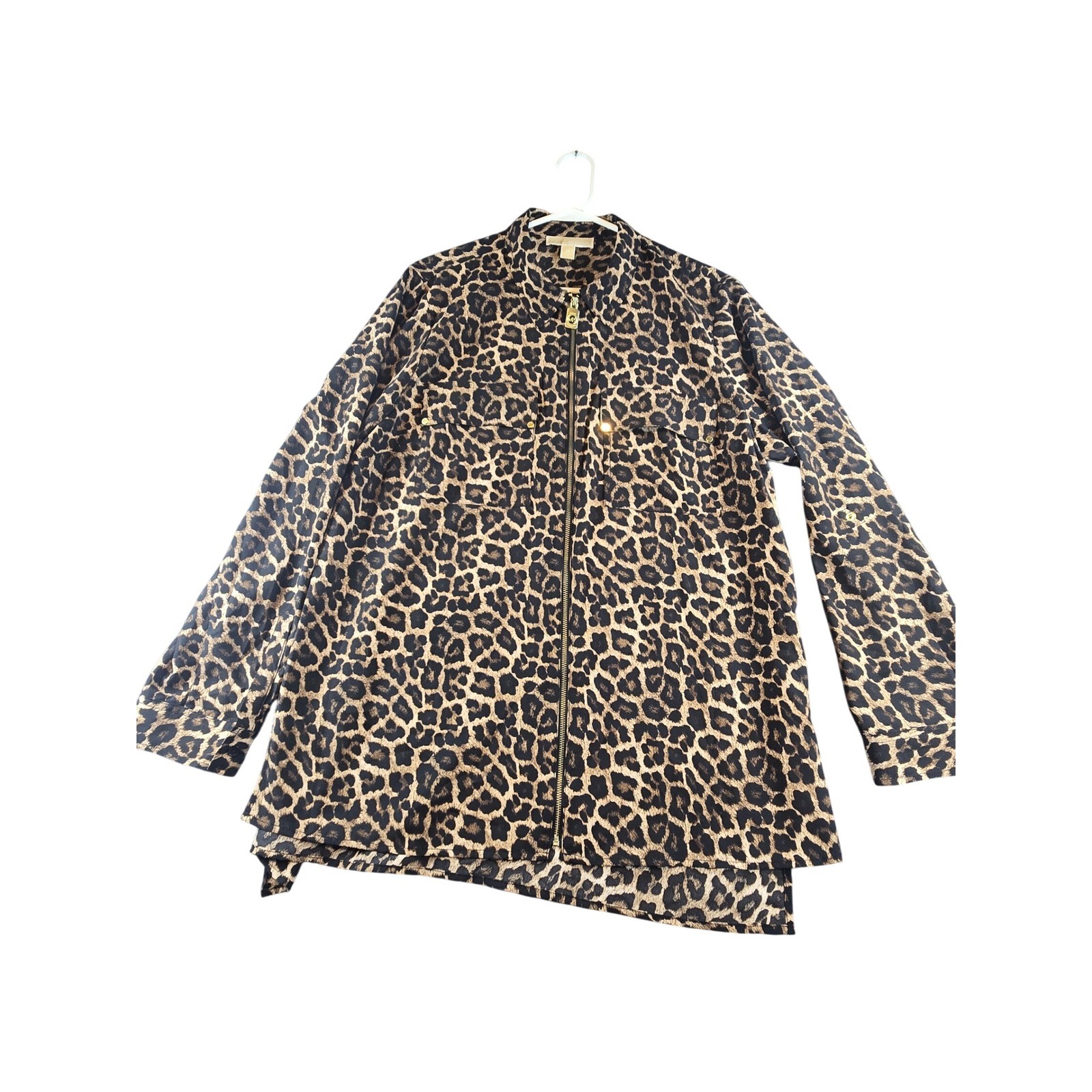 Michael Michael Kors Leopard Print Zip Front Shirt Jacket XL Brown Animal Print