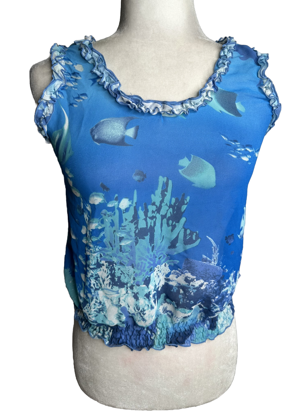 DKNY-Jeans Blue Animal Print To Sleeveless Size S . Semi sheer Elastic Waist