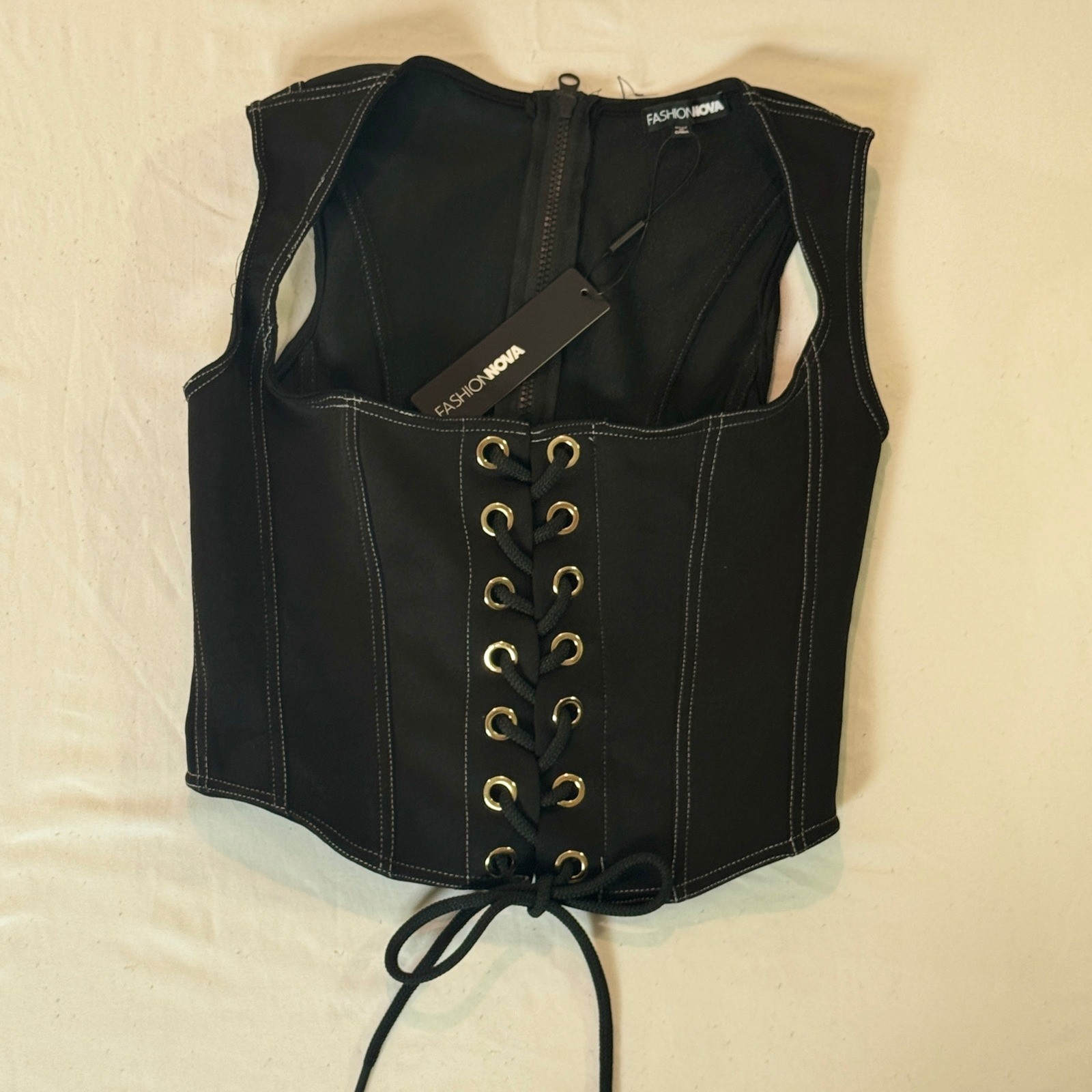Fashion Nova Lace-Up Corset Top Black Contrast Stitch XS Y2K Goth NWT 27241