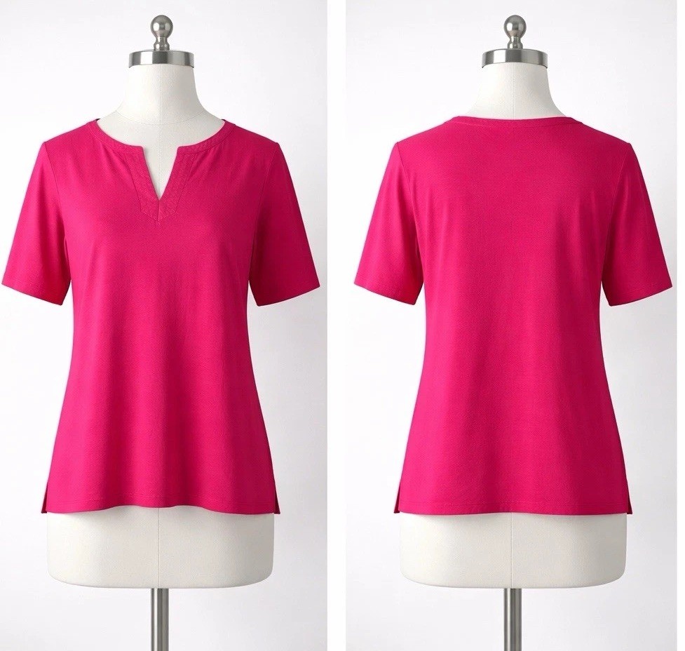 Lands End Blouse Tunic Top Womens M 10-12 Pink Neck Embroidered Detail Casual