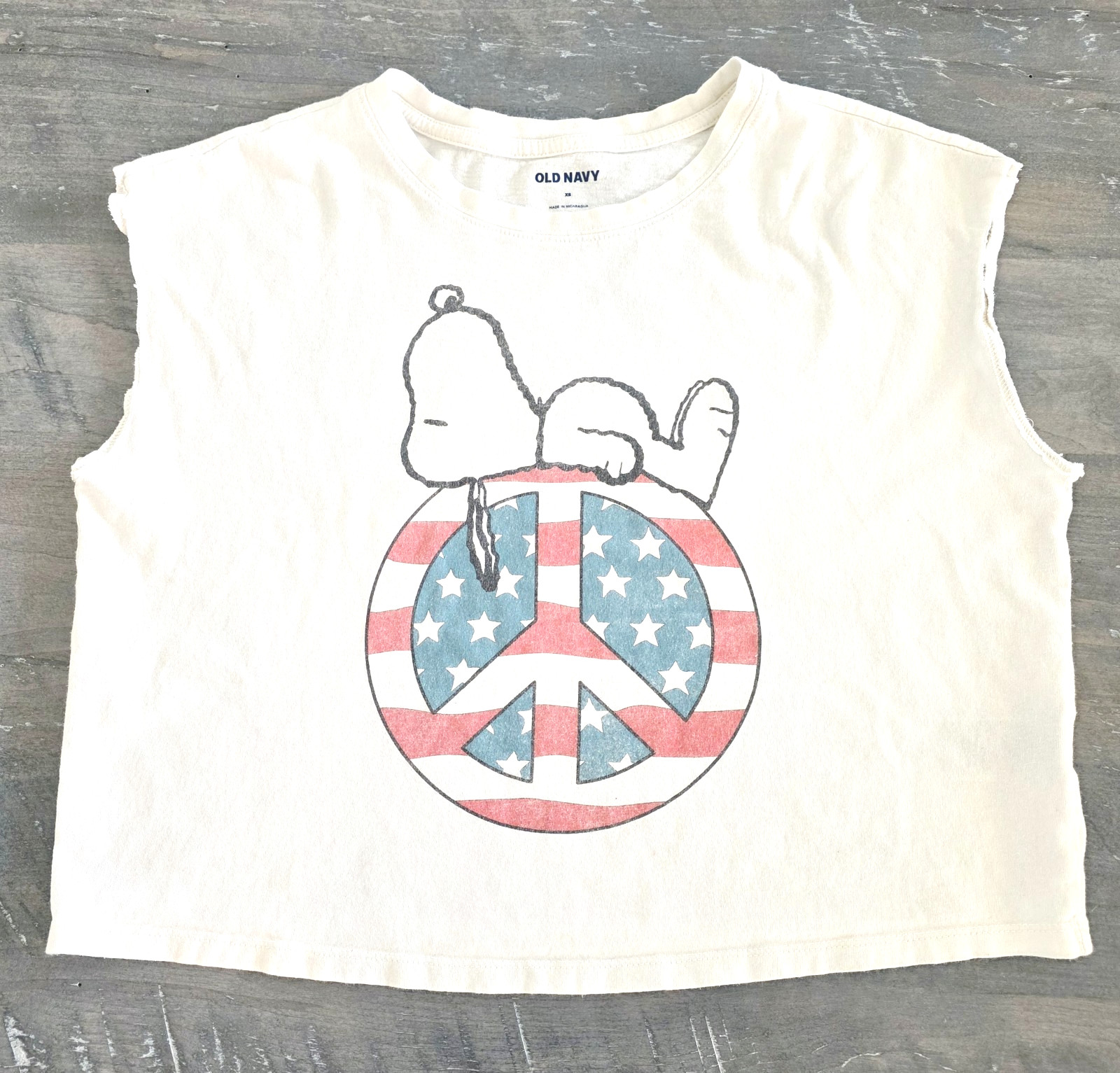 Snoopy Peace American Flag Retro Sleeveless Crop T Shirt Womens XS Oversized