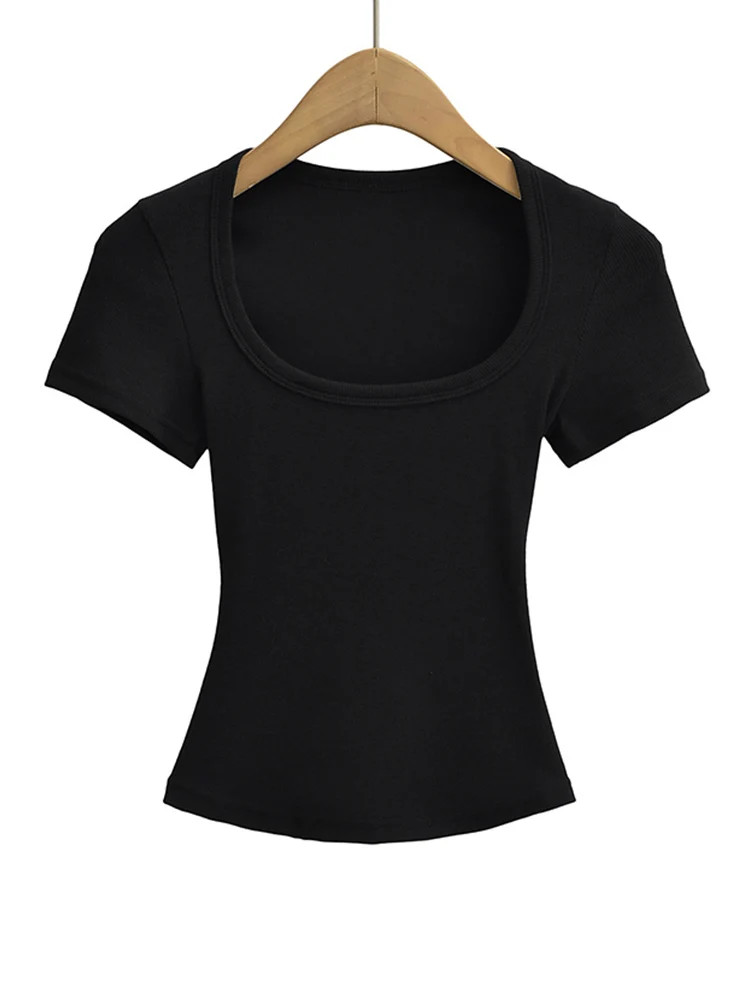 Women Square Neck Crop Top Slim Fit Short Sleeve Summer Blouse US