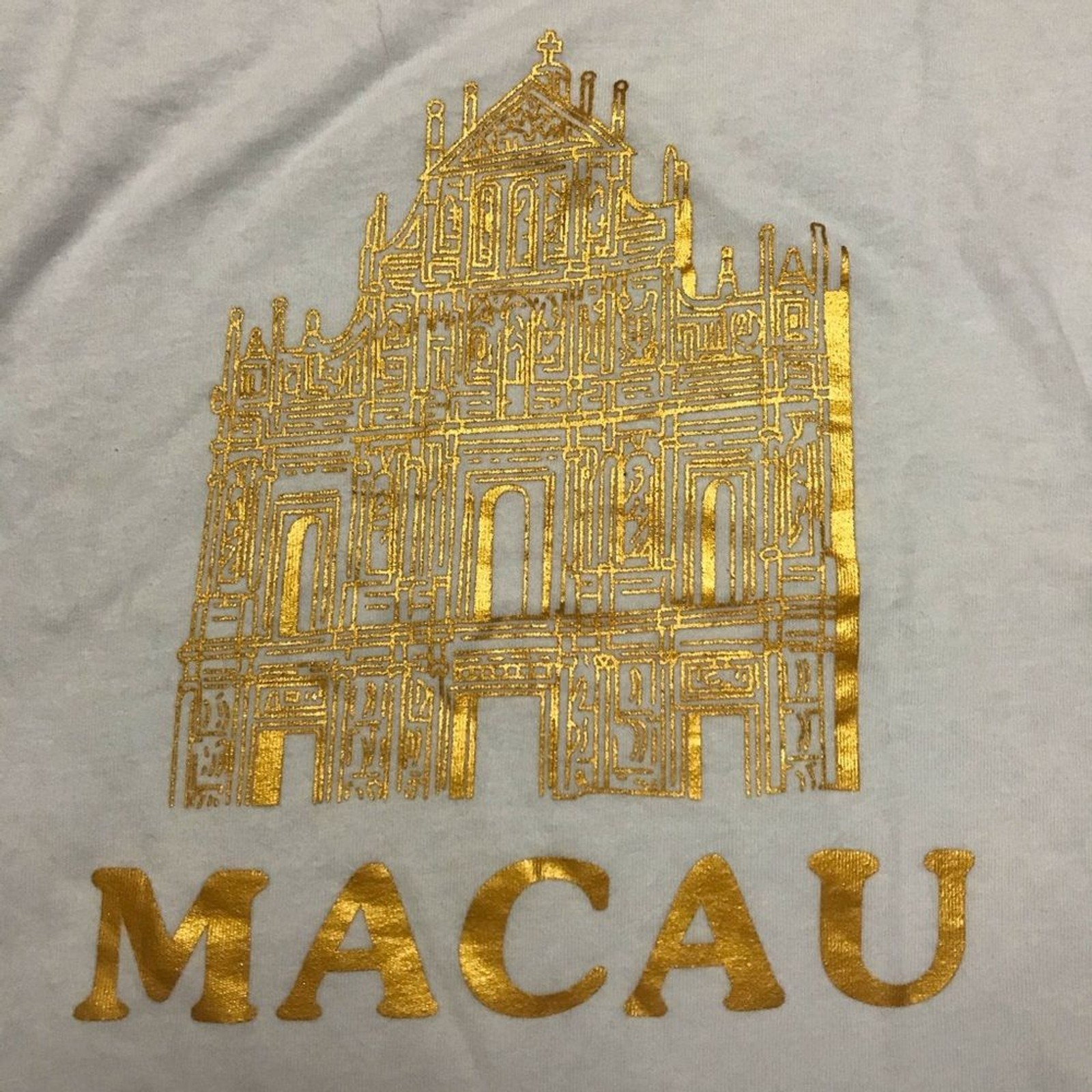 Macau Vintage T Shirt Tee White/Gold Crew Neck Short Sleeve Travel Minimalist L
