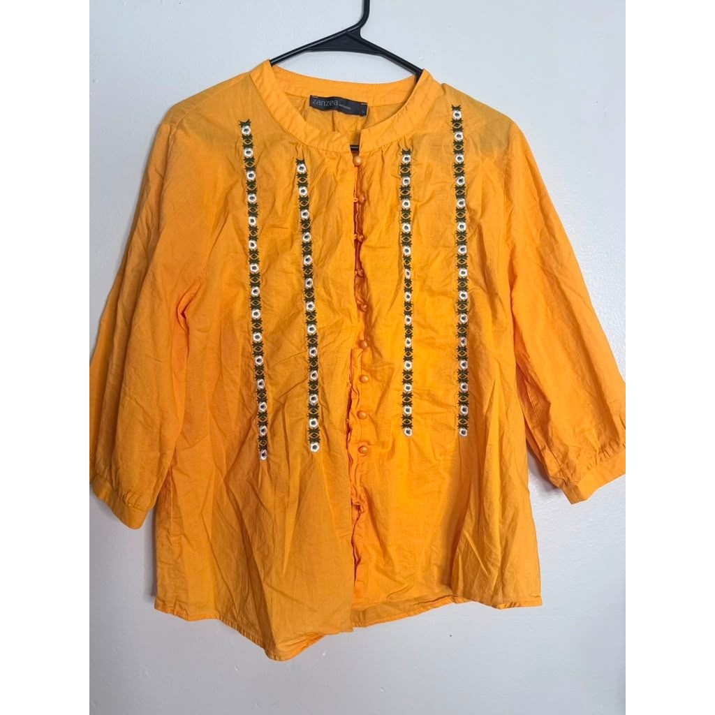 Zanzea Collection Marigold Orange Embroidered Button Up Blouse Womens Large Boho