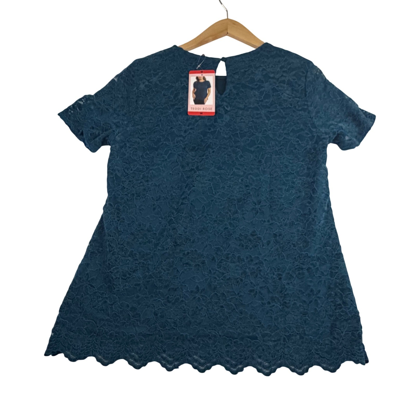 Teddi Rose Teal Blue Floral Lace Short Sleeve Scalloped Hem Lined Blouse Size M