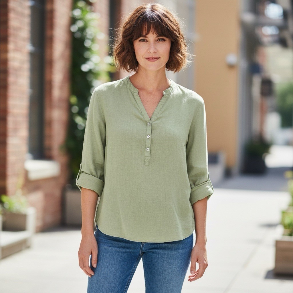 LOGG 100% Linen size 12 Apple Green Long Sleeve Henley Womens Top H&M