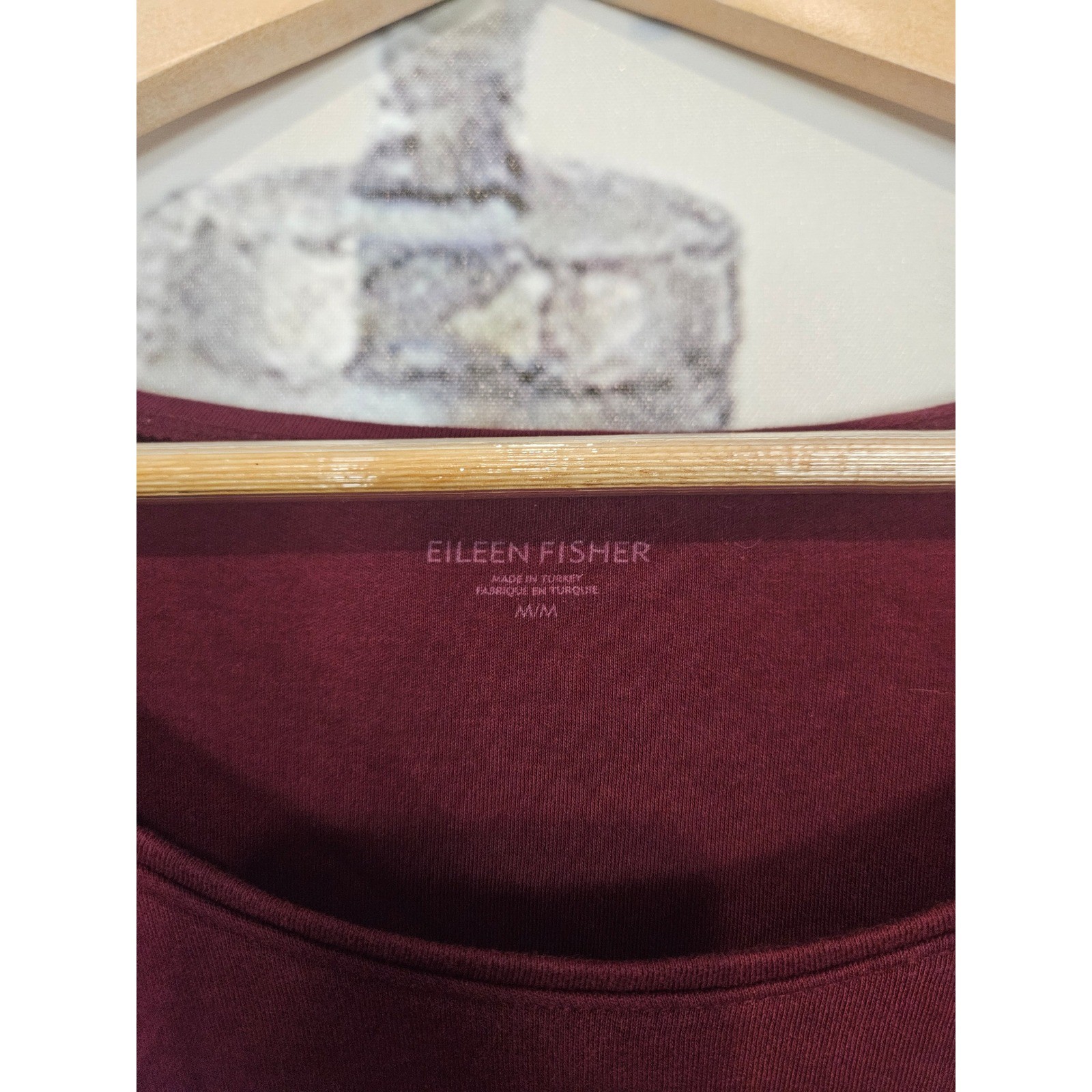 Eileen Fisher Knit Top Medium Burgundy 3/4 Sleeve Organic Cotton Scoop Neck