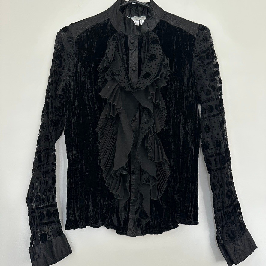Alberto Makali Blouse S Black Velvet Burnout Mesh Ruffle Sheer Victorian Edgy