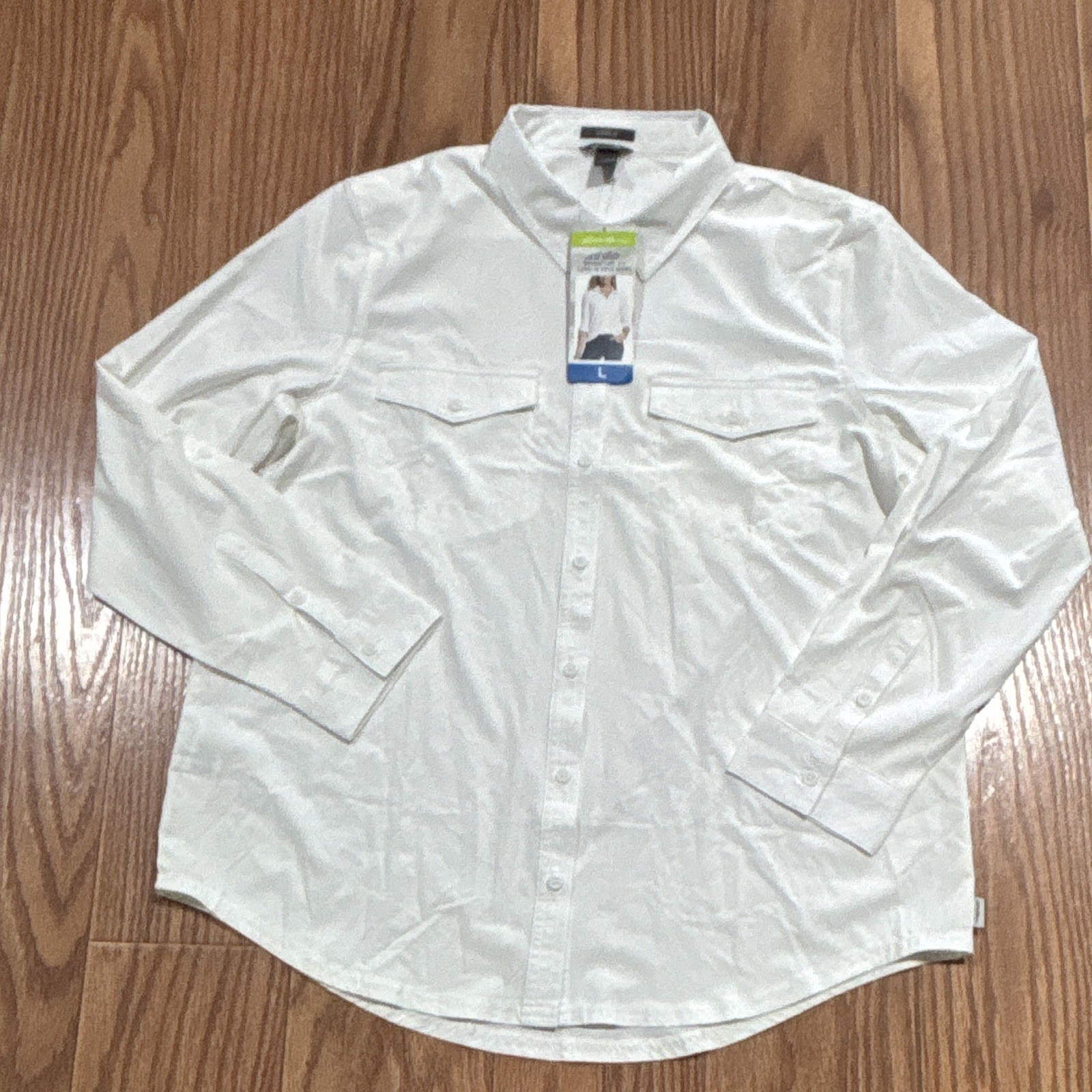 NWT Eddie Bauer Departure 2.0 Women L White Classic Fit Long Sleeve Shirt Pocket