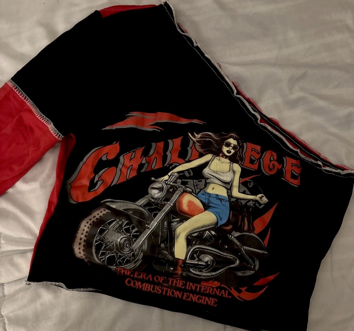 ROMWE /One Shoulder /Biker Babe Crop Top /S /Red Black Motorcycle Graphic.