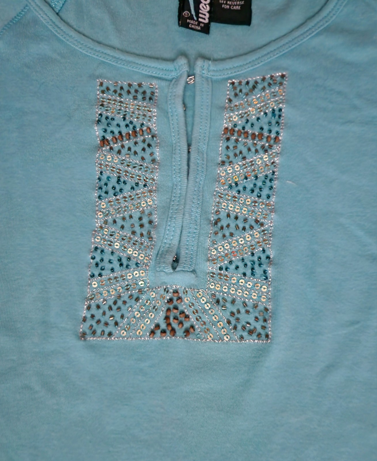 Weavers Aqua Blue Cap Sleeve Top Sequin Front Hook Eye Junior S Lightweight Y2k