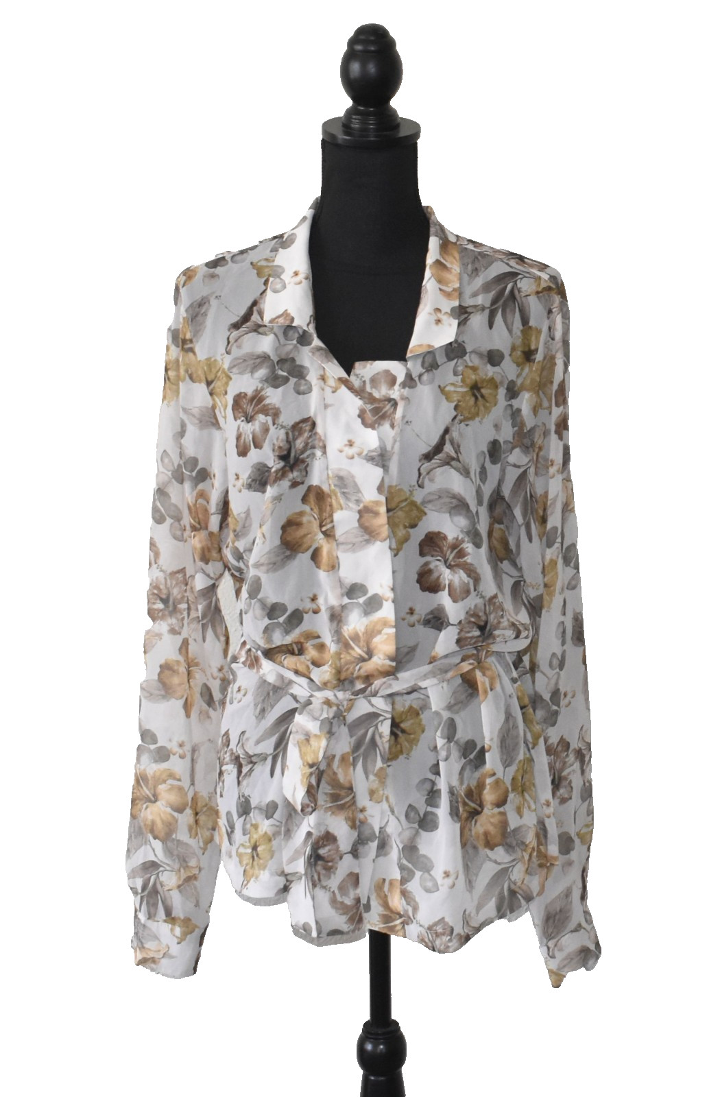 A5 NEW ORTTU White Floral Printed Sash-Tie Closure Long Sleeve Blouse Size M