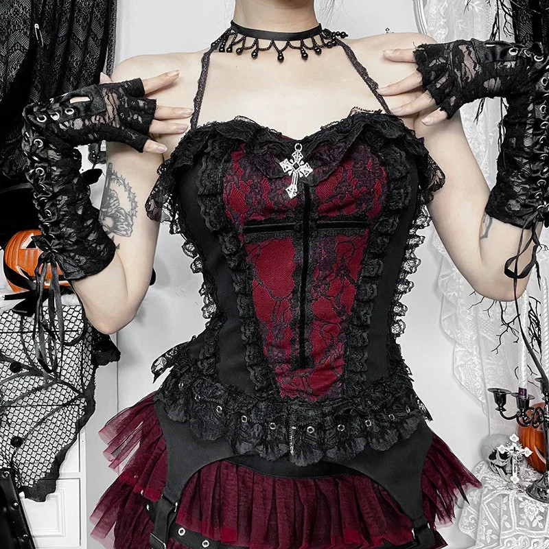 Gothic Vintage Flocking Camisole Women Fairycore Grunge Y2K Lace Crop Tops