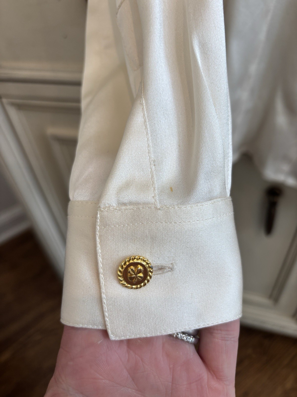 Chanel Vintage Silk Cream Blouse Gold Button Front Double Collar Old Money Vibe