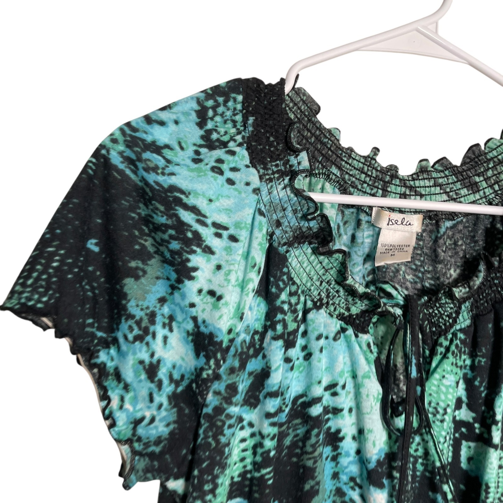 Isela Blouse Women’s Medium Colorful Smocked Short Sleeve Artsy Ruffle Printed