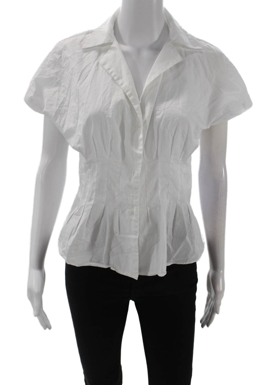 Zara Women Collared Button-Up Cotton Blouse Short Sleeve White Size M