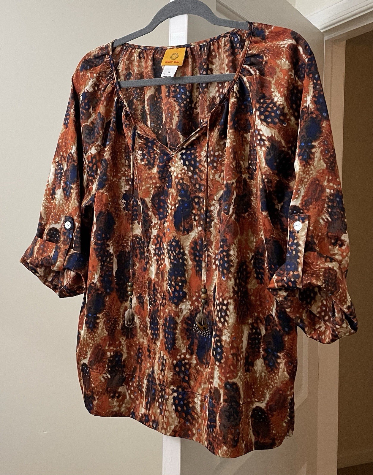 Ruby Rd. Top Rust Bohemian Feather Tassels Coastal Cowgirl Women’s 10 Medium