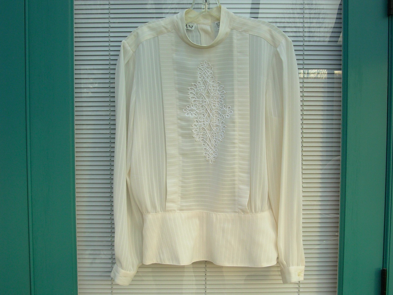 NILANI Womens Semi-Sheer Ivory w/Stripes Embroidery Pearls Long Sleeve Blouse 10