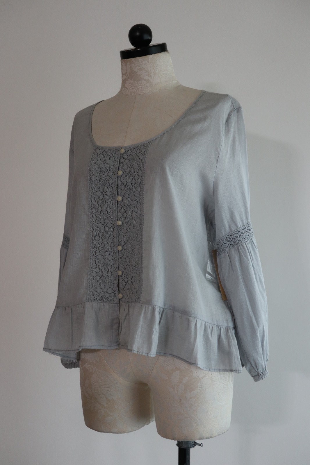 Denim & Supply Ralph Lauren Gray Blue Cotton Floral Lace Bohemian Top Women XL