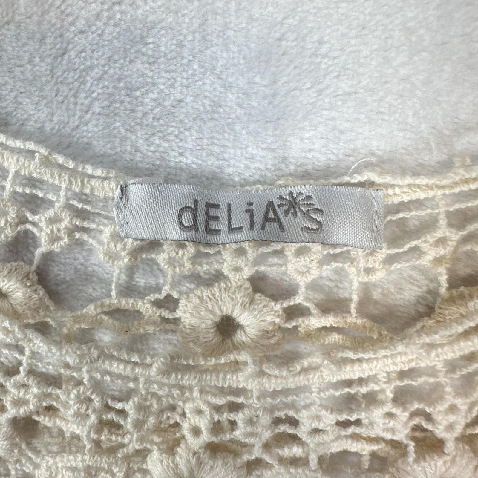 DELiA*s Tank Top Juniors S Cream Crochet Floral Scoop Neck Sheer Cropped