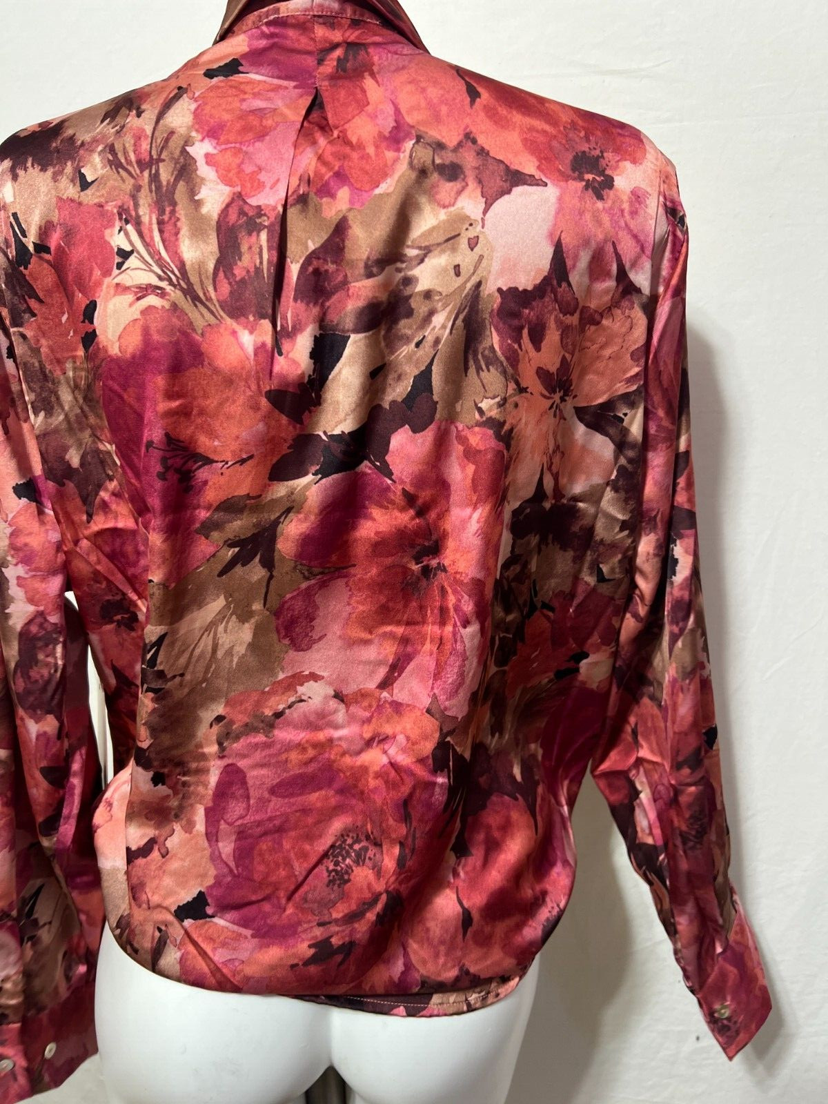 Haver Women Large Satin Top Shirt Blouse New NWT Pink Mauve Floral Tie Knot