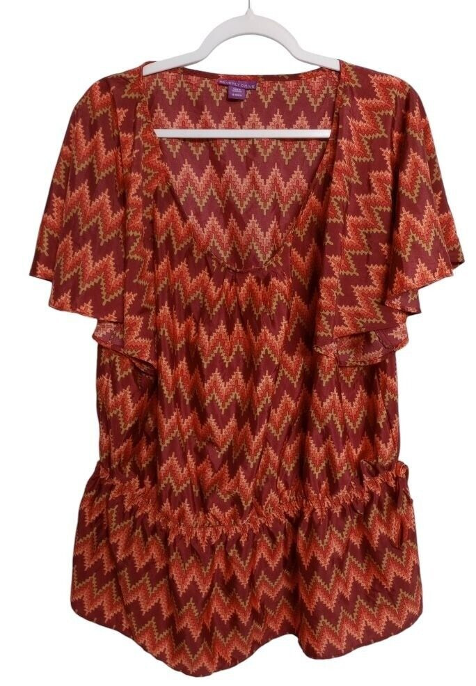 Beverly Drive 16-18/W/M Zigzag Pattern Top Red/Coral Drawstring peplum Top