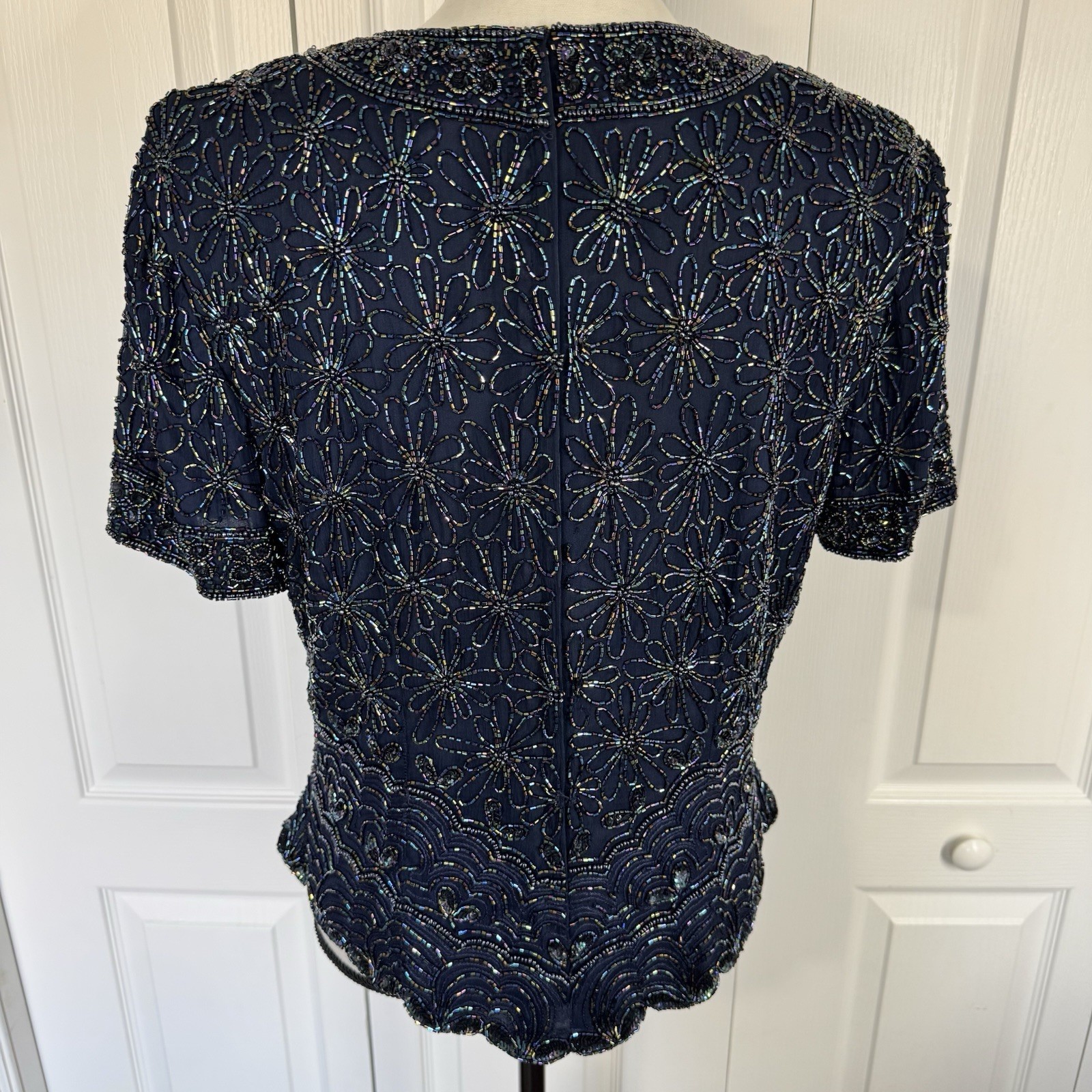 Vintage Papell Occasions Evening Navy Beaded Sparkle Top Blouse Shirt Silk SZ 12