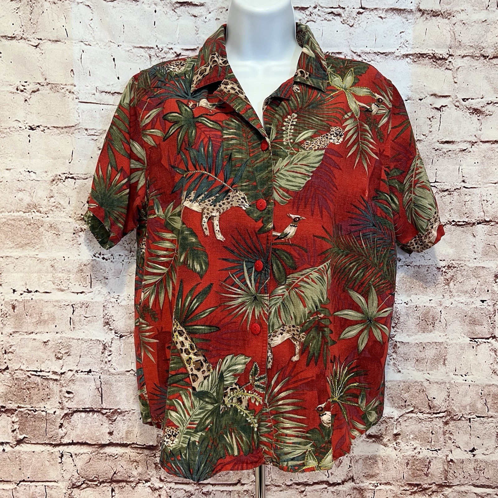 Erin London Women’s Red Safari Embroidered Button Up Silk Linen Blend Blouse S