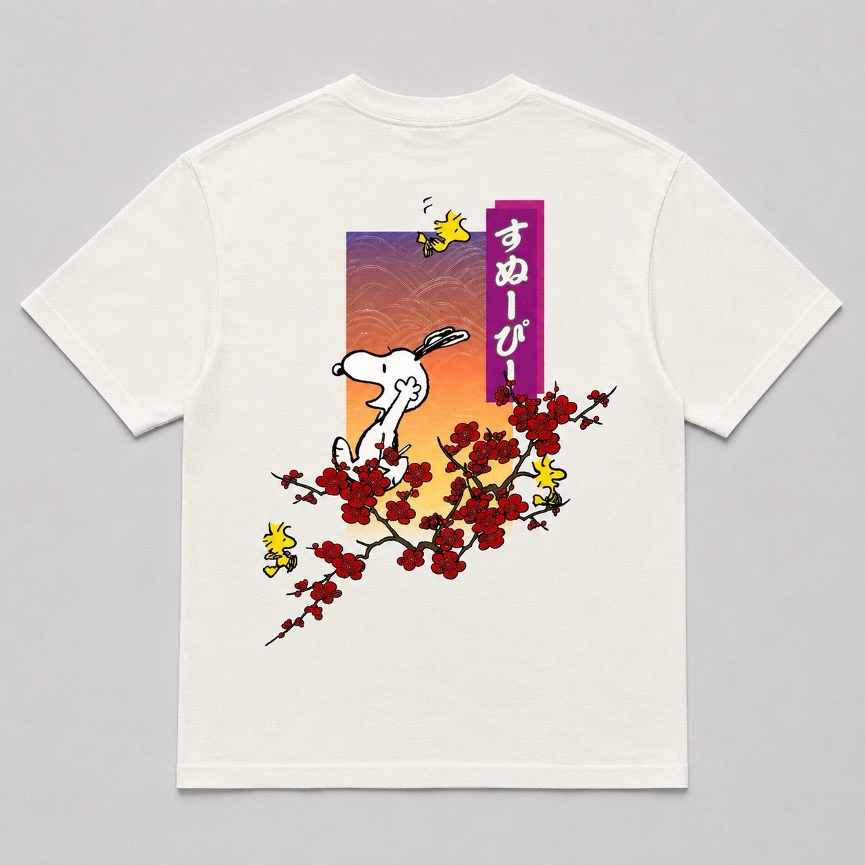 Peanuts Snoopy Woodstock Japanese Cherry Blossom Graphic Tee Shirt Small White