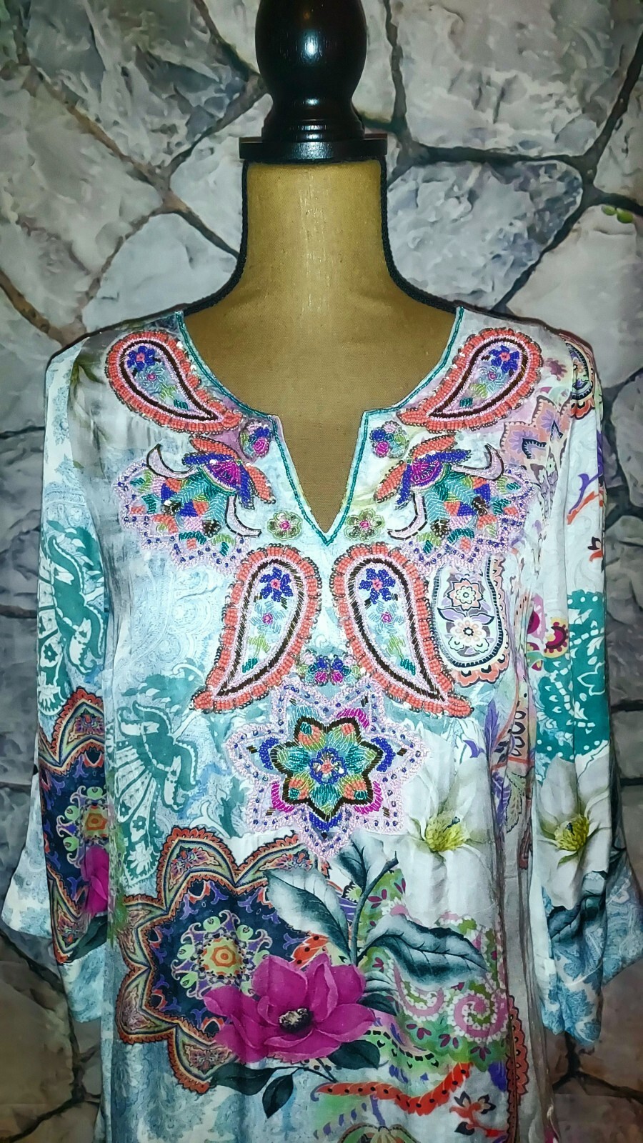 Soft Surroundings Florent Tunic in Aquatic Blue Beaded Sequins Size XS Beautiful
