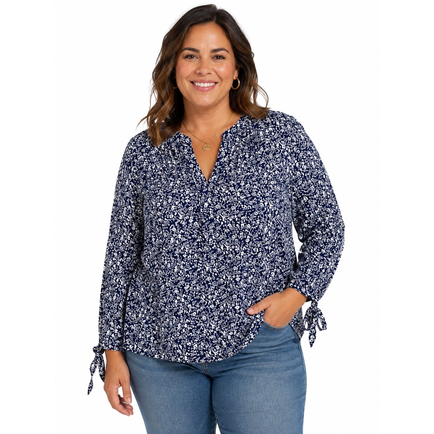 Anne Carson Navy Blue White Floral Split Neck Tie Cuff Top L Ditsy Floral