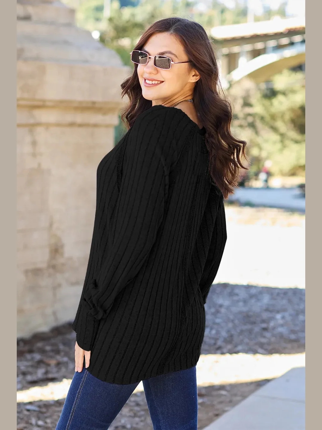 Basic Bae Full Size Ribbed Round Neck Long Sleeve Knit Top