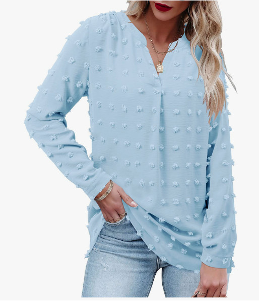Moyabo Woman’s Swiss Dot Blouse Long Sleeve V-neck Casual Work Baby Blue Size XL