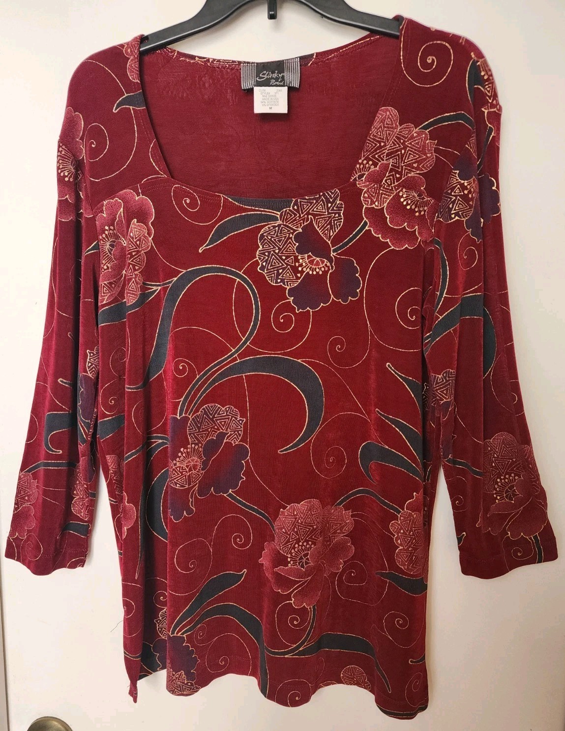 Silky Brand Women’s Dk Red Top With Long Sleeves, Size Medium Floral Pattern