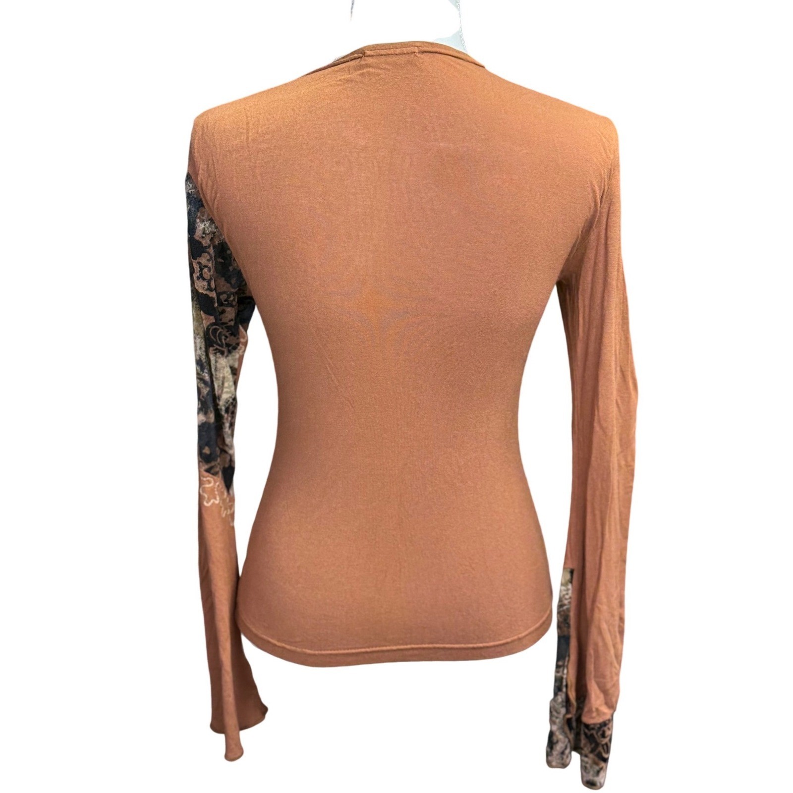 Y2K Patchwork Asymmetrical Boho Top Brown Stretch Womens M