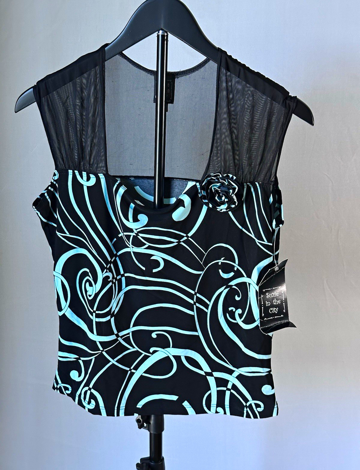 Suzie in the City NWT Black/Teal Abstract Mesh Top Y2K Indie Sleaze Edgy Size M