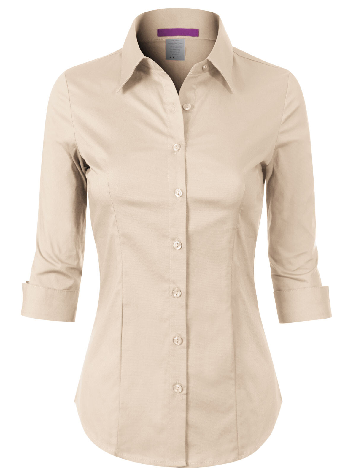 MixMatchy 3/4 Sleeve Stretchy Button Down Collar Office Formal Casual Blouse Shi