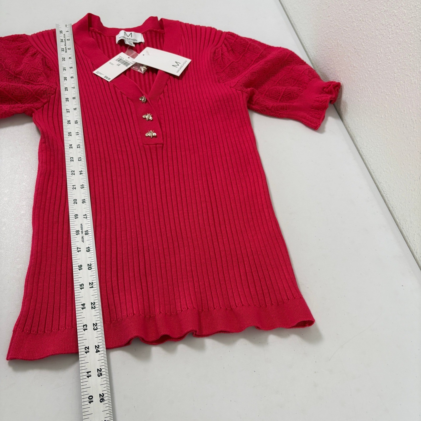 Magaschoni Ribbed Knit Top Womens L Spanish Rose Red Bee Button Short Sleeve NWT