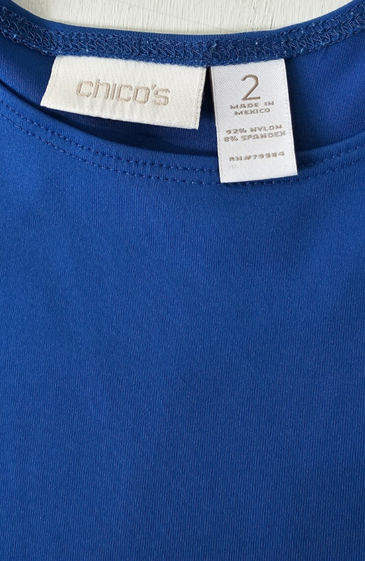 Chicos top blouse sleevless stretch size 2 blue nylon spandex blend
