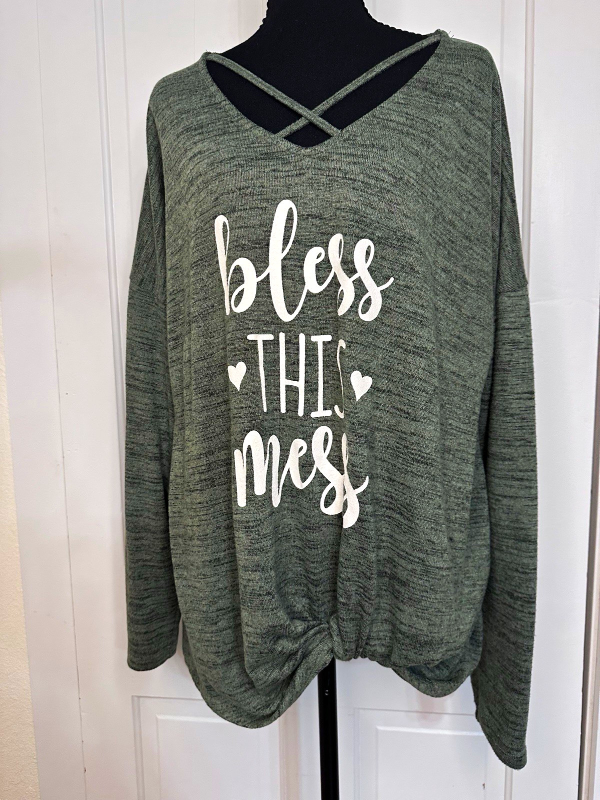 EST. 1946 Green Quote Graphic V-Neck Long Sleeve Strappy Jersey Tee Poly Blend