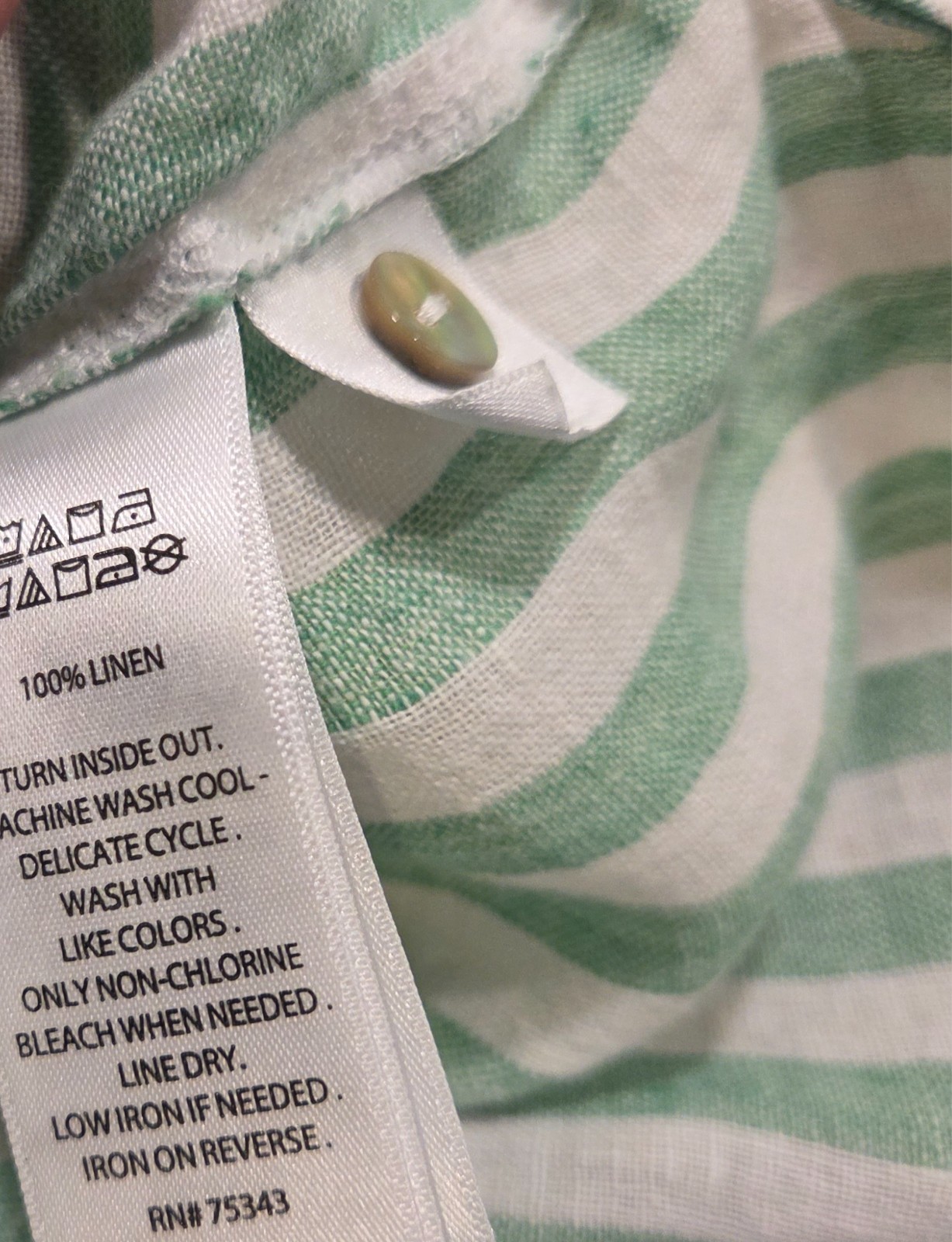 Nicole Miller Size XL 100% Linen Striped Button Down Shirt Green White Pocket